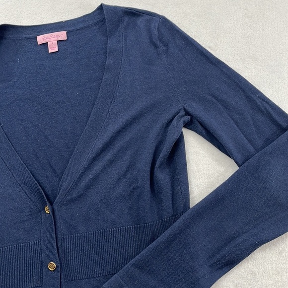 Lilly Pulitzer S Silk Cotton Navy Blue V Neck Button Cardigan Soft Sweater - Picture 4 of 12